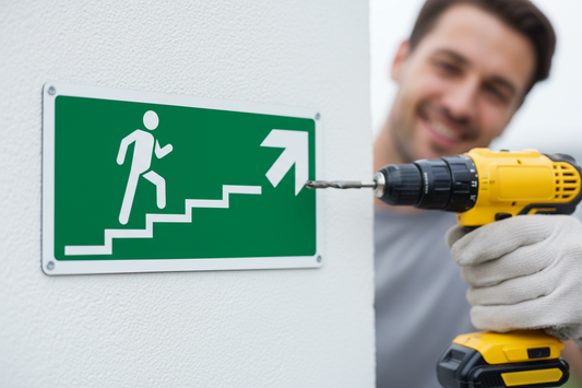 Primo piano cartello uscita emergenza durante installazione