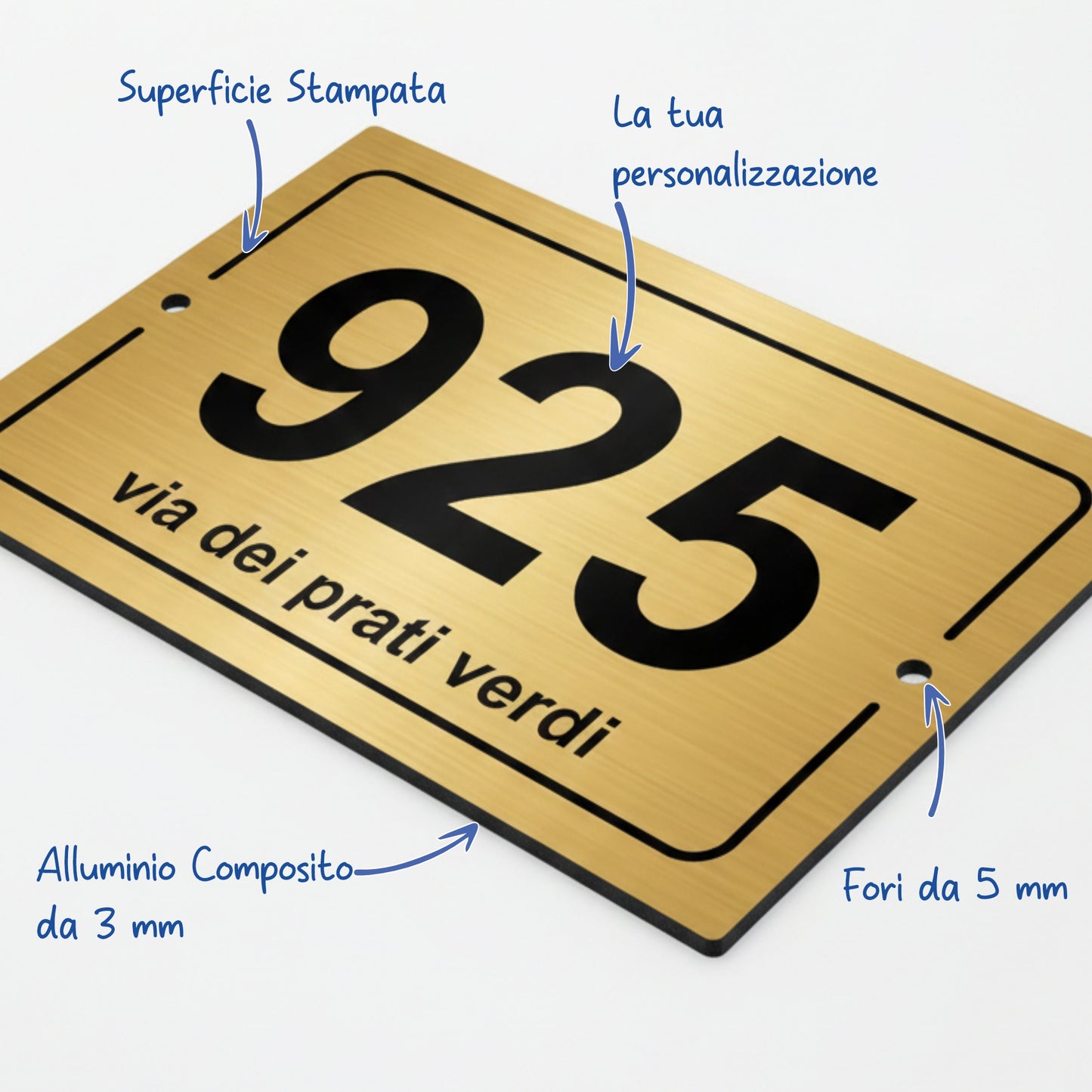 Numero Civico Color Oro su Alluminio Spazzolato Rinforzato per Esterno | Pubblimania