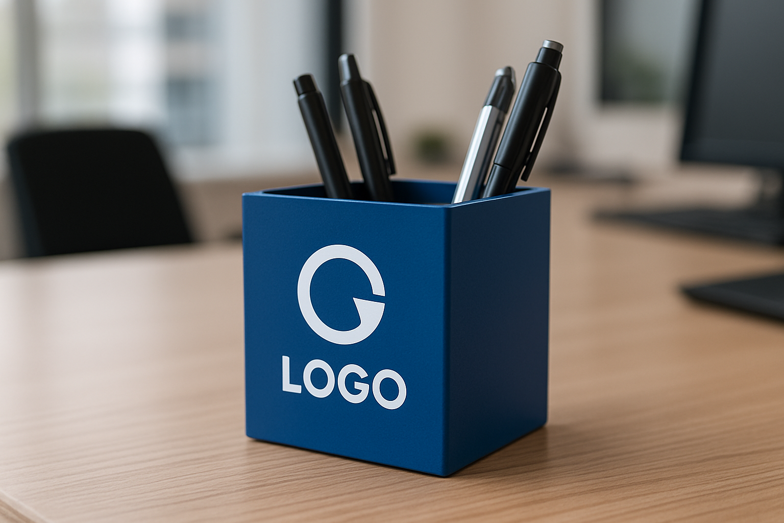 questo portapenne quadrato, di colore blu, con stampa di un logo generico di colore bianco, su una scrivania di un ufficio