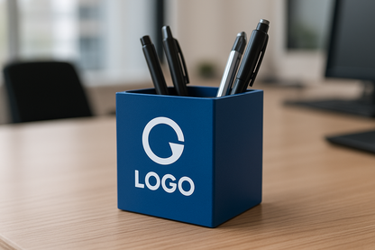 questo portapenne quadrato, di colore blu, con stampa di un logo generico di colore bianco, su una scrivania di un ufficio