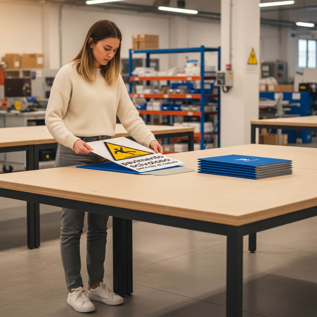 Ragazza impacchetta cartello sul tavolo in azienda