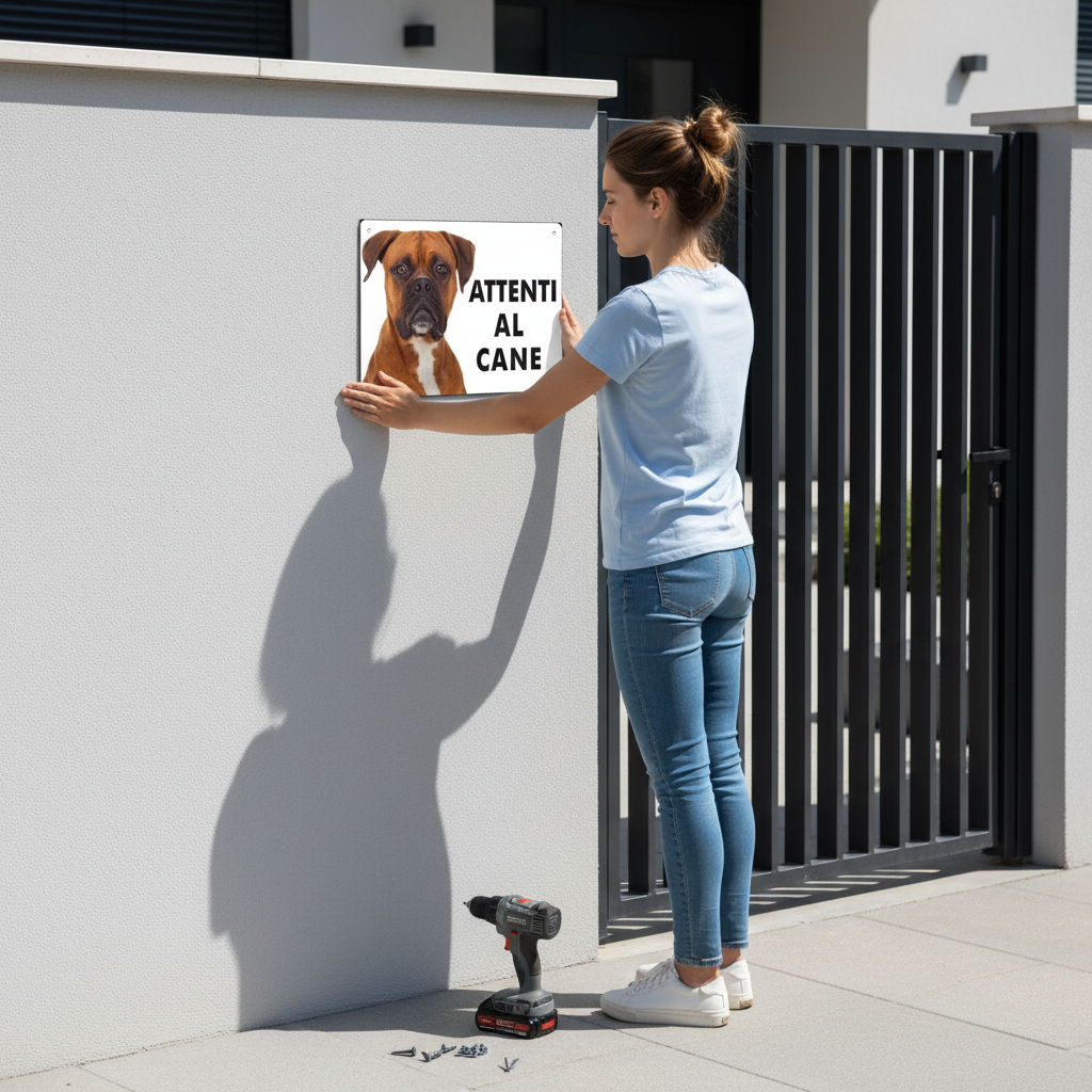 Ragazza installa cartello Boxer su villa moderna accanto al cancello