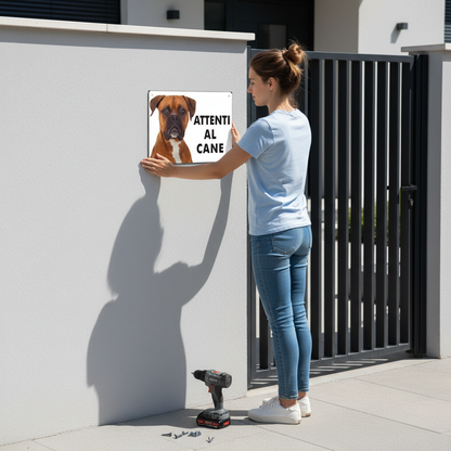 Ragazza installa cartello Boxer su villa moderna accanto al cancello
