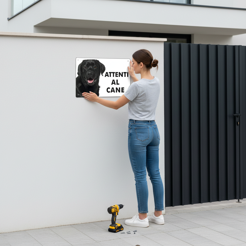 Ragazza installa cartello Labrador Nero su villa moderna accanto al cancello cartello in alluminio composito