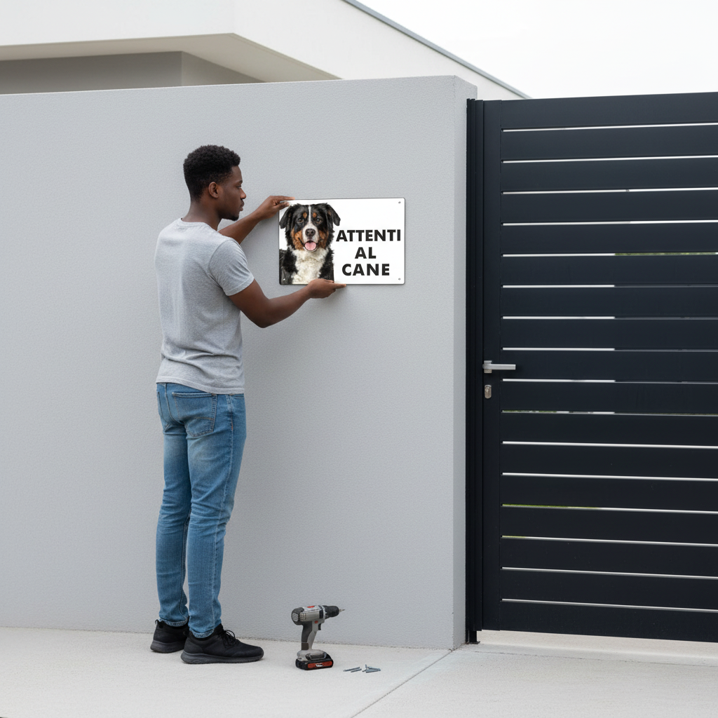 Ragazzo installa cartello Bovaro del Bernese su villa moderna accanto al cancello