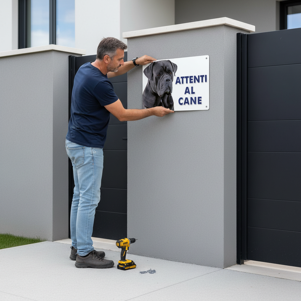 Signore installa cartello Cane Corso sul muro accanto al cancello