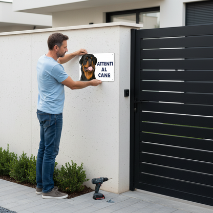 Signore installa cartello Rottweiler sul muro accanto al cancello