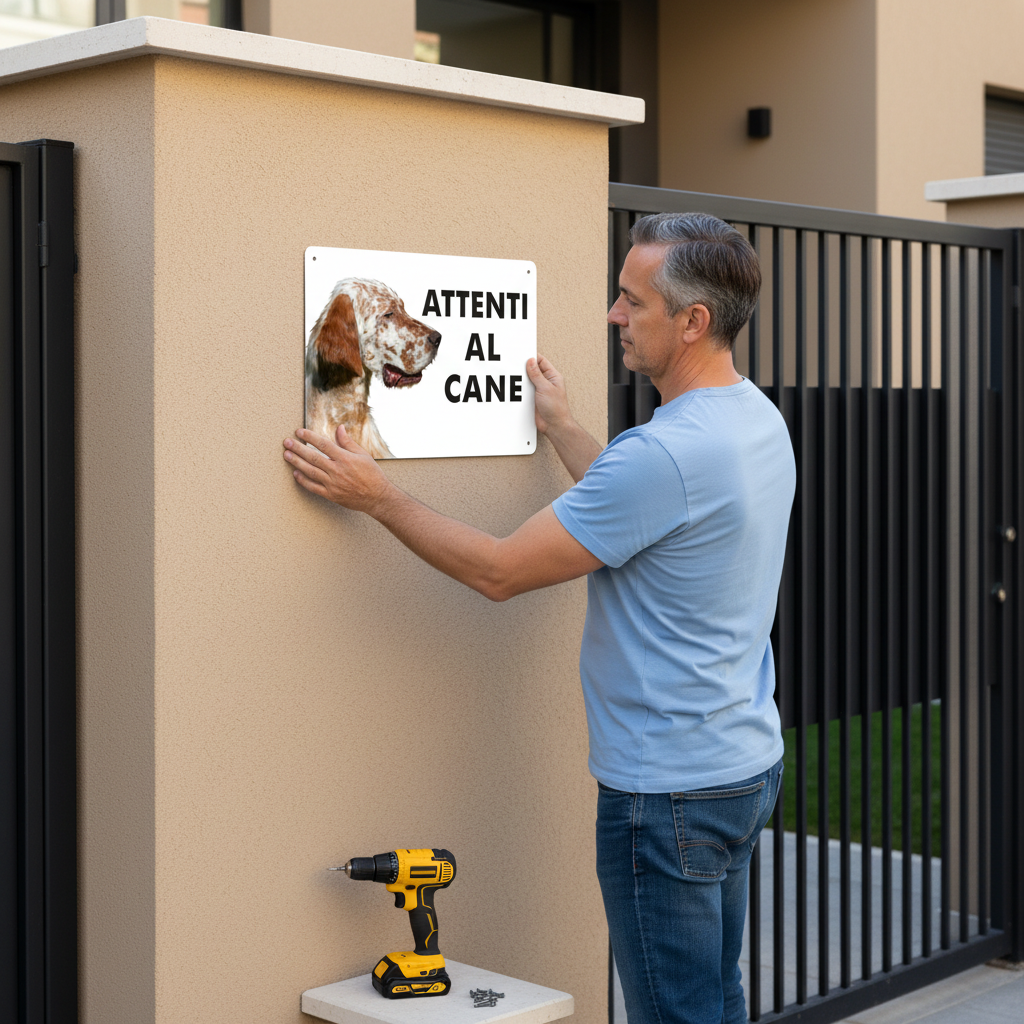 Signore installa cartello Setter Inglese su villa beige accanto al cancello