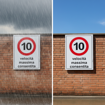 Split-screen durabilità cartello - pioggia e sole