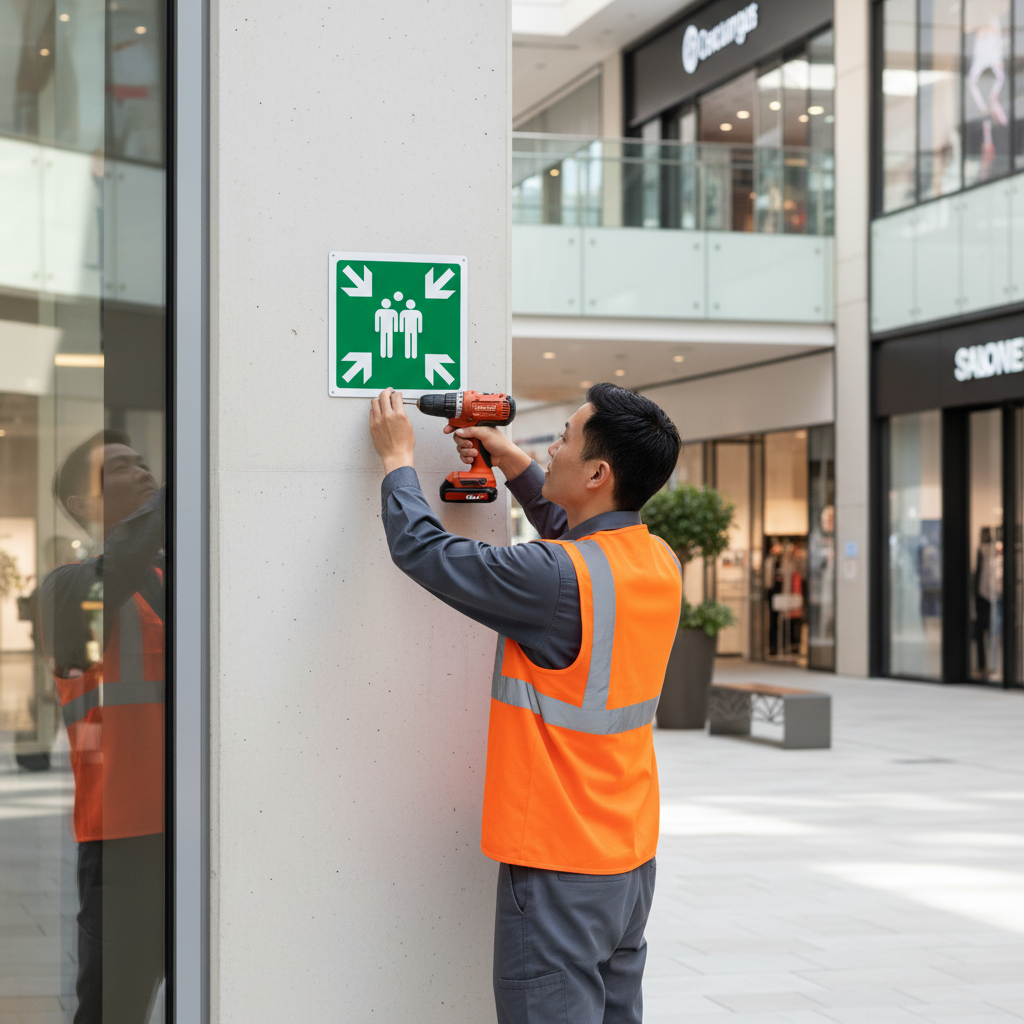 Tecnico asiatico installa cartello punto di raccolta su muro centro commerciale