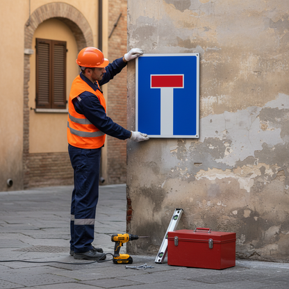 tecnico installazione cartello strada senza uscita in alluminio composito da 3 mm