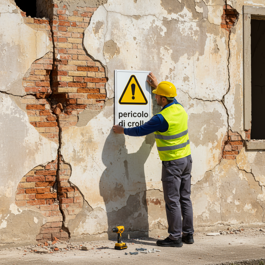 Tecnico con caschetto installa cartello pericolo di crollo su stabile pericolante
