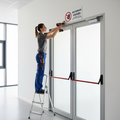 Tecnico installa cartello Accesso Vietato su porta