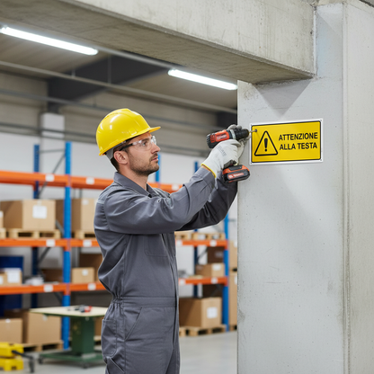 Tecnico installa cartello Attenzione alla Testa
