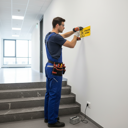 Tecnico installa cartello Attenzione Gradino 30x15cm accanto a gradini