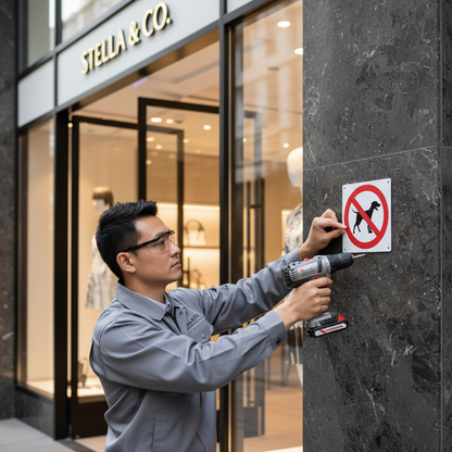 Tecnico installa cartello Divieto Cani negozio lusso