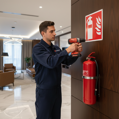 Tecnico installa cartello Estintore ufficio lusso