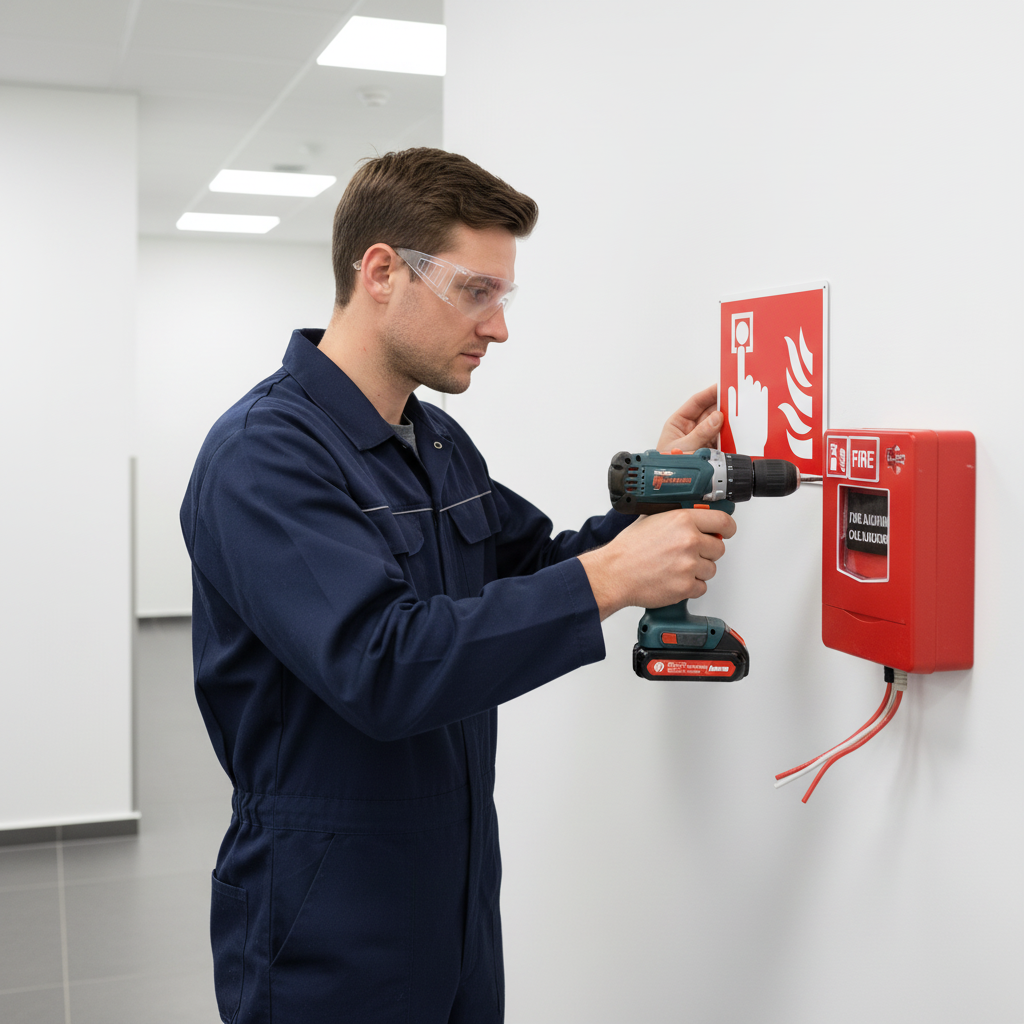Tecnico installa cartello Pulsante Allarme Incendio 15x15cm