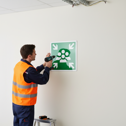 Tecnico installa cartello punto di raccolta