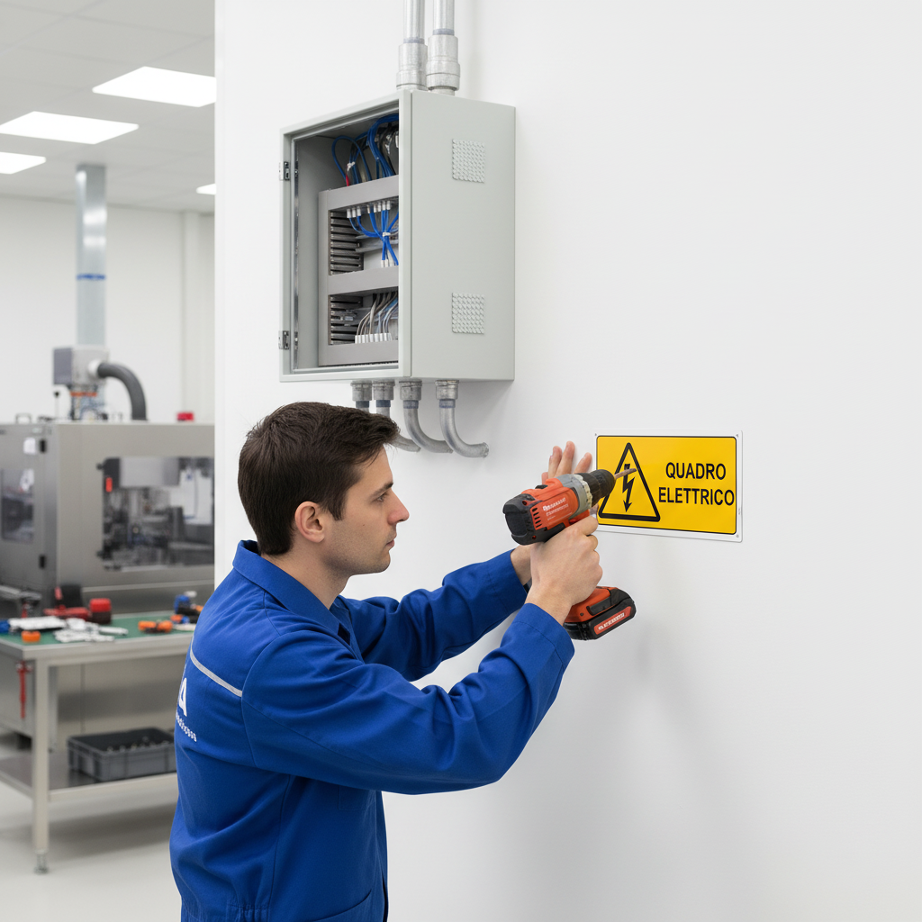 Tecnico installa cartello Quadro Elettrico