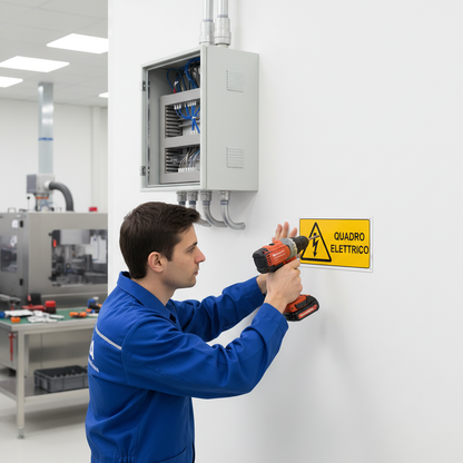 Tecnico installa cartello Quadro Elettrico