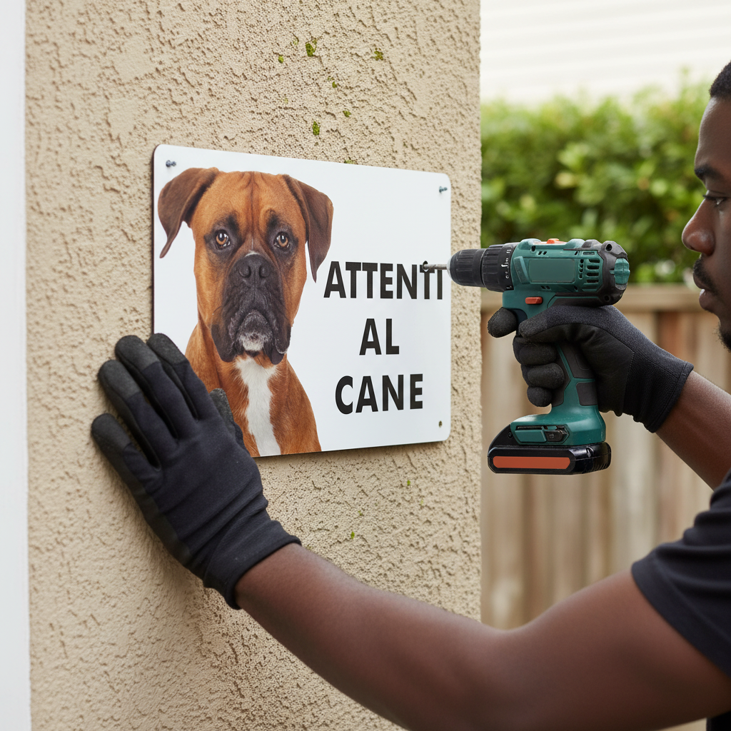 Uomo che installa cartello Attenti al Cane Boxer