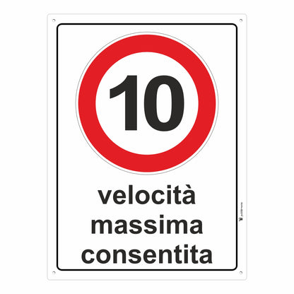 velocità massima 10 km cartello in alluminio composito da 3 millimetri con 4 fori agli angoli