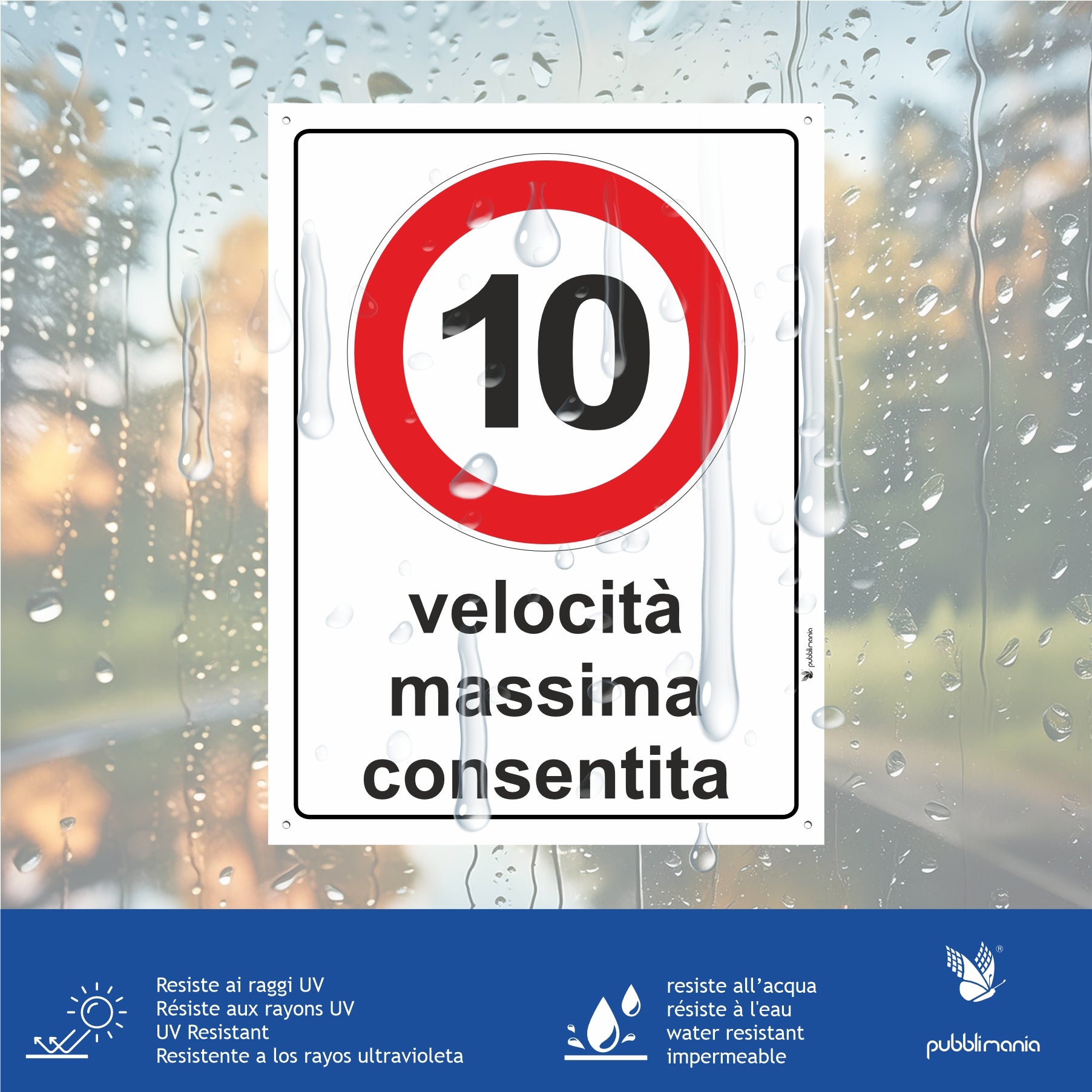 velocità massima 10 km cartello in alluminio composito da 3 millimetri con 4 fori agli angoli