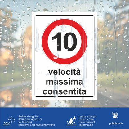 velocità massima 10 km cartello in alluminio composito da 3 millimetri con 4 fori agli angoli
